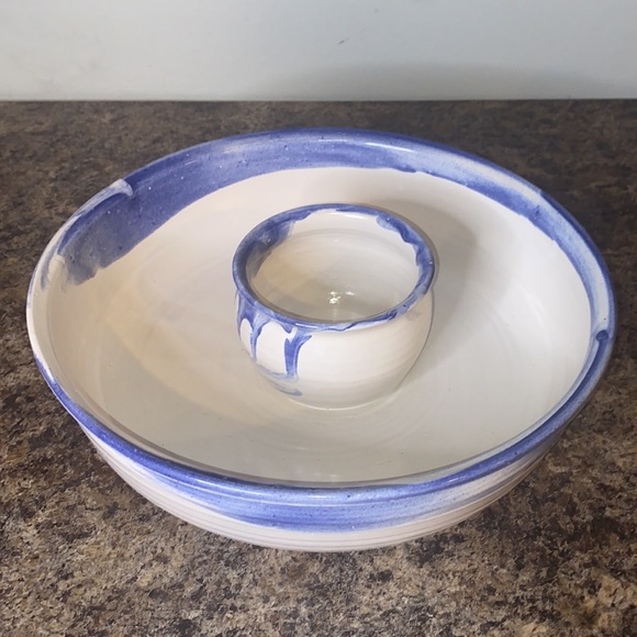 Vintage 1990 Ceramic Pottery White/Blue Glazed Drip Design Chip/Dip Large Bowl - Picture 4 of 12